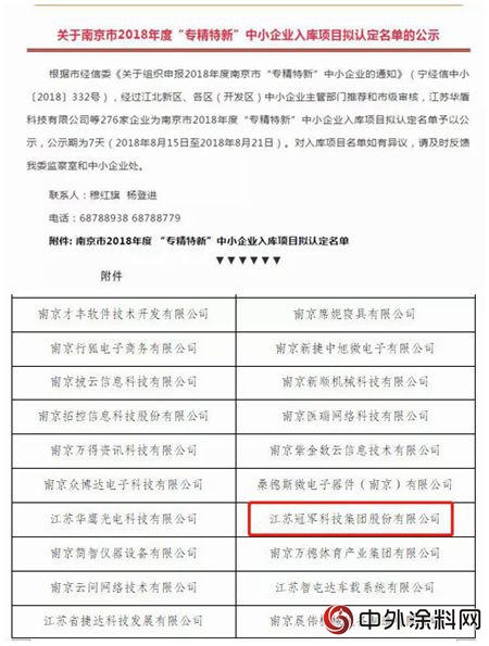 江蘇冠軍(jun) 集團入圍南京市2018年度“專(zhuan) 精特新”中小企業(ye) 入庫項目名單"129516"