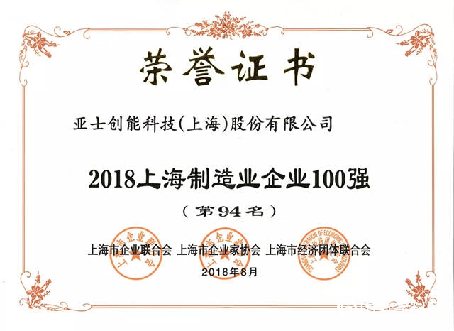亞(ya) 士創能入選2018上海製造業(ye) 企業(ye) 、民營製造業(ye) 企業(ye) 百強榜"129711"
