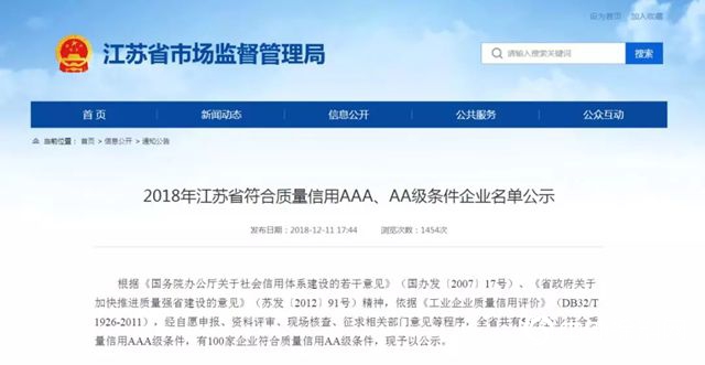 冠軍(jun) 集團成功入圍”2018年江蘇省質量信用評價(jia) AA級企業(ye) ”"131414"