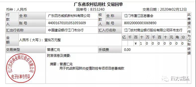 抗疫，四方在行動 ——四方威凱捐款10萬(wan) 元助力新冠肺炎疫情防控
