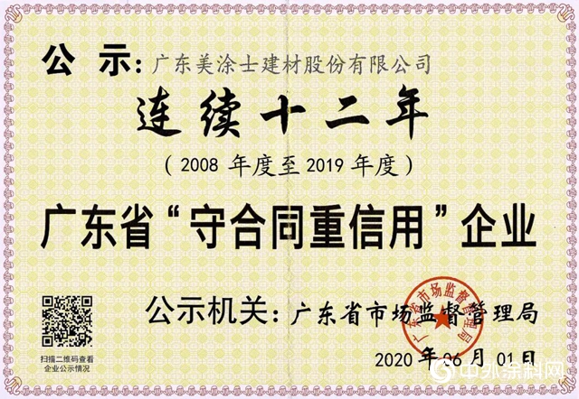 美塗士連續12年保持省級“守合同重信用”企業稱號！