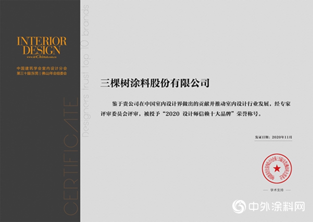 三棵樹榮獲“2020設計師信賴十大品牌”榮譽稱號
