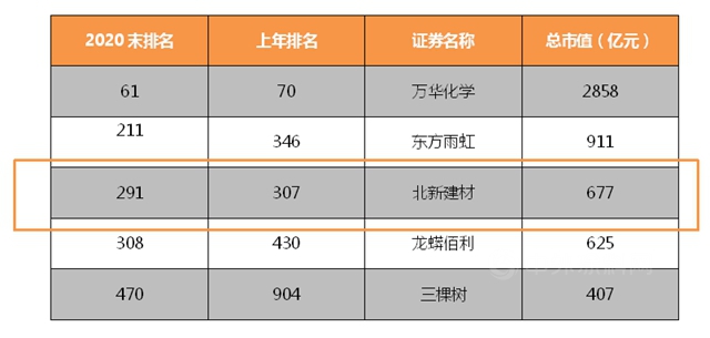 三棵樹東(dong) 方雨虹北新建材萬(wan) 華龍蟒佰利挺進中國上市公司市值500強