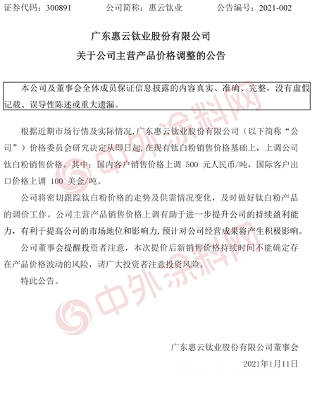 中核鈦白惠雲(yun) 鈦業(ye) 安納達又發調價(jia) 公告！鈦白粉漲價(jia) 何時到頭？