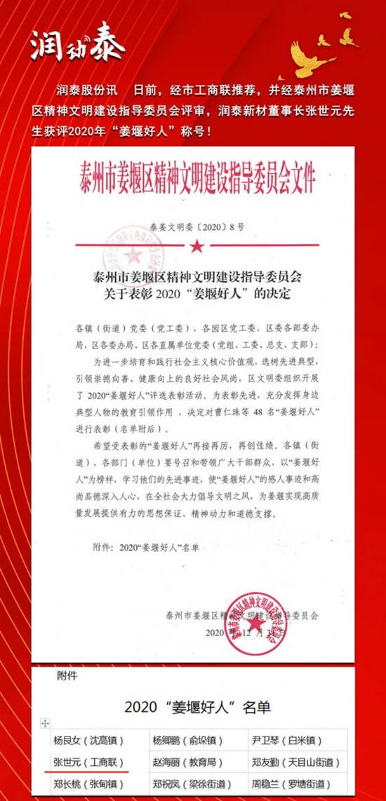 潤泰股份董事長張世元榮獲“薑堰好人”稱號