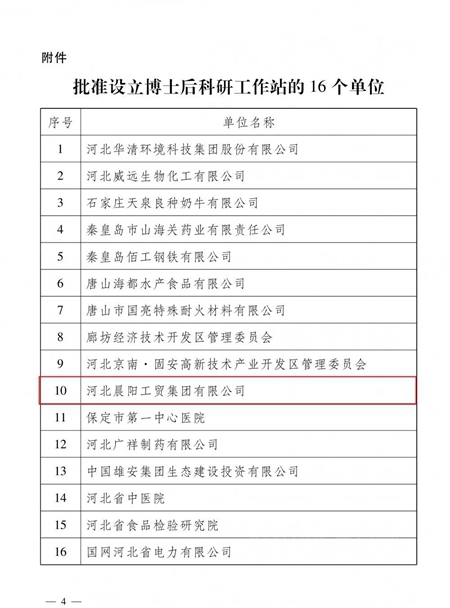 河北晨陽工貿集團被批準設立博士後科研工作站