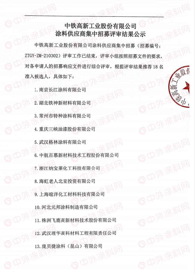 捷報｜長江塗料獲得中鐵工業(ye) 合格塗料供應商