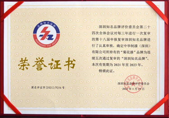 連續五次通過複審，菊花漆品牌享有“深圳知名品牌”榮譽十六載！