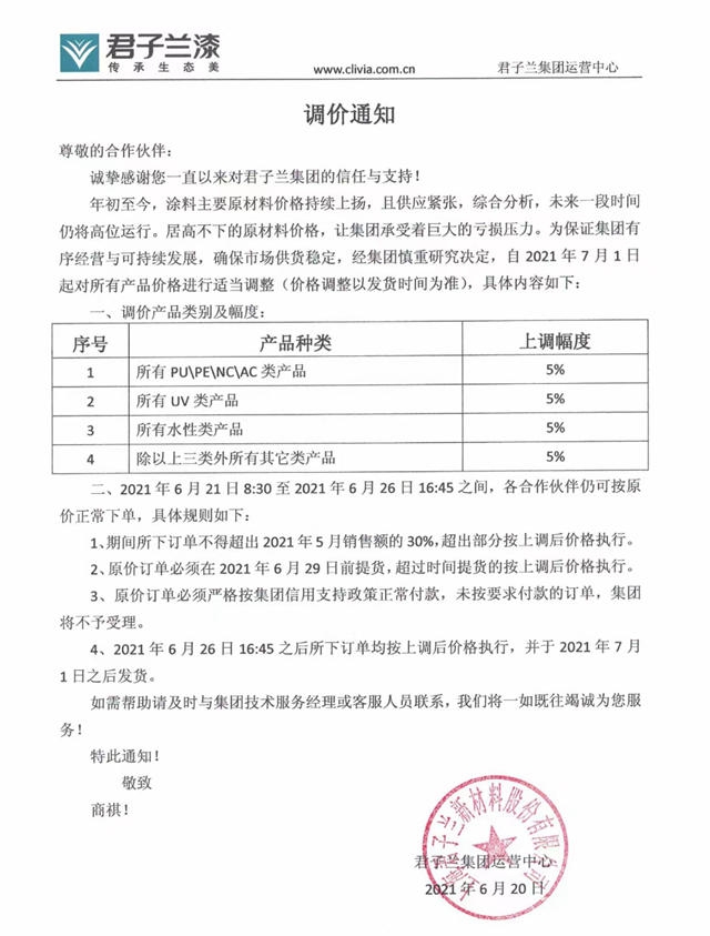7月1日開漲！宣偉(wei) 威士伯巴德士美塗士君子蘭(lan) 等一大批家具漆又漲了
