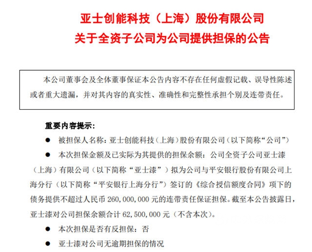 全資子公司為(wei) 亞(ya) 士創能提供2.6億(yi) 元擔保