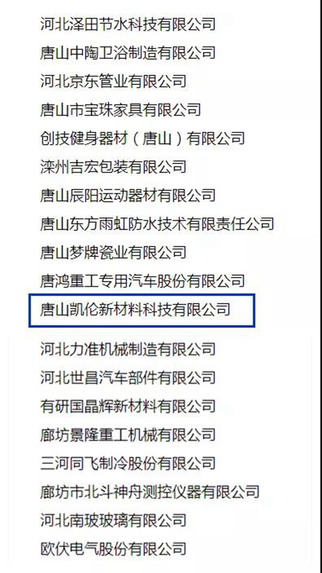 唐山凱倫(lun) 新材料科技有限公司入選河北省“專(zhuan) 精特新”示範企業(ye) 名單