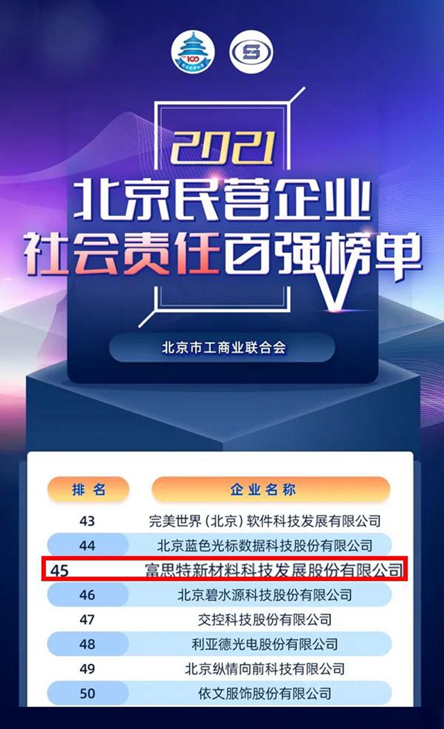 富思特榮登2021年“北京民營企業(ye) 中小百強”、“北京民營企業(ye) 社會(hui) 責任百強”榜