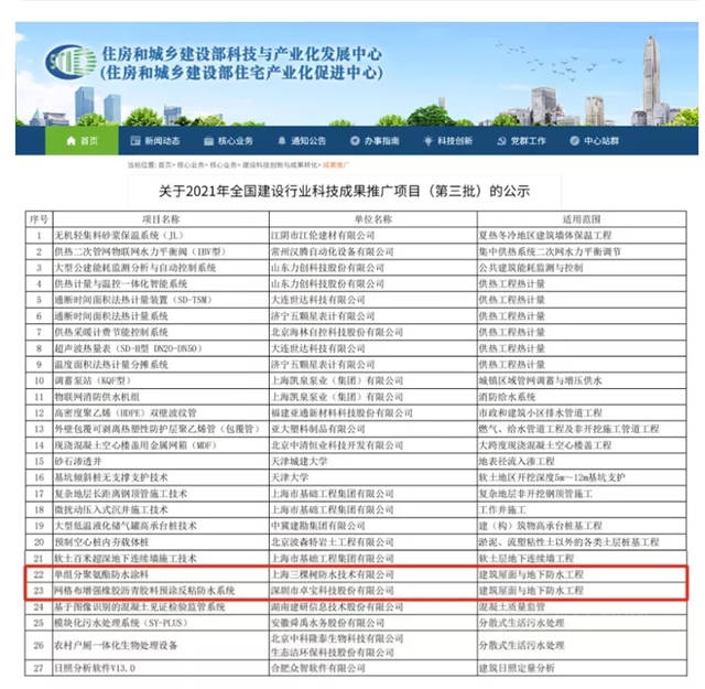 三棵樹防水上榜全國建設行業(ye) 科技成果推廣項目公示名單