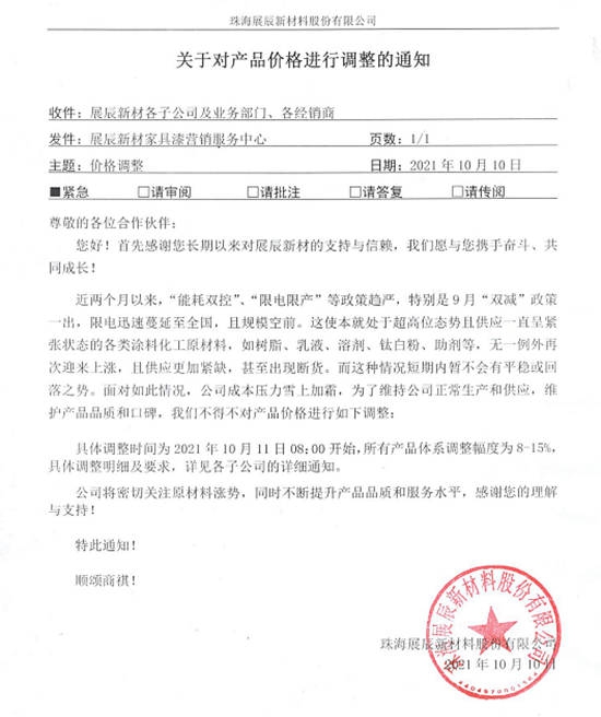 10月起，這些塗料企業(ye) 開始漲價(jia) 