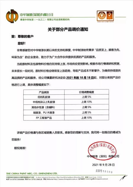 10月起，這些塗料企業(ye) 開始漲價(jia) 