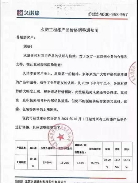 10月起，這些塗料企業(ye) 開始漲價(jia) 