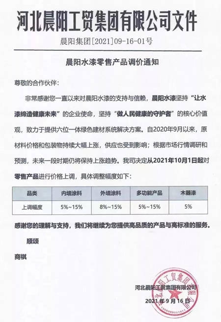 10月起，這些塗料企業(ye) 開始漲價(jia) 