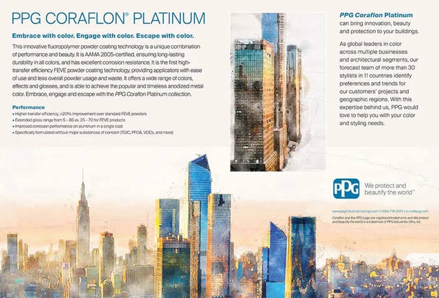 PPG Coraflon®Platinum 氟碳粉末，建築型材單板粉末，比傳(chuan) 統 FEVE 粉末高20%上粉率