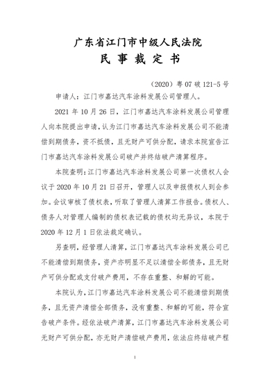 江門一汽車塗料企業(ye) 宣告破產(chan) 終結