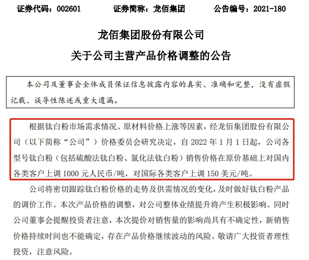 鈦白粉為(wei) 何成為(wei) 漲價(jia) 大贏家？龍佰集團、鈦海科技再發調價(jia) 函