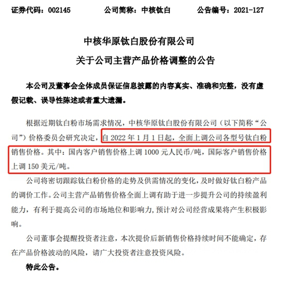 鈦白粉漲價(jia) 又定了！1月1日打響新年第一槍