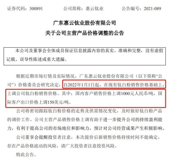 鈦白粉漲價(jia) 又定了！1月1日打響新年第一槍