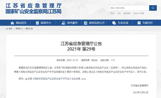江蘇省112家化工企業(ye) 危化品安全生產(chan) 許可證注銷，涉及三木、海虹老人等知名企業(ye) 
