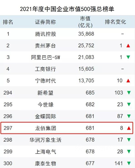排名提升8位，龍佰集團再次上榜“2021年度中國上市企業(ye) 市值500強”