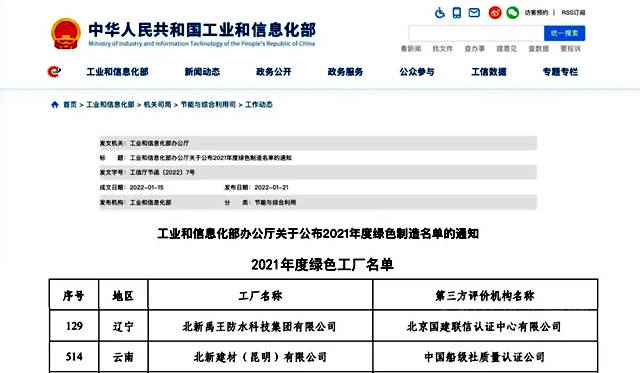 北新建材石膏板廠和防水材料廠入選2021年度國家級綠色工廠名單