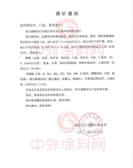 工業(ye) 漆漲價(jia) 函來襲！長江塗料/金陵/關(guan) 西/三峽/大橋/光輝/聖工/一橋/美達承壓宣漲，首次中國塗料行業(ye) 利潤預警發布！