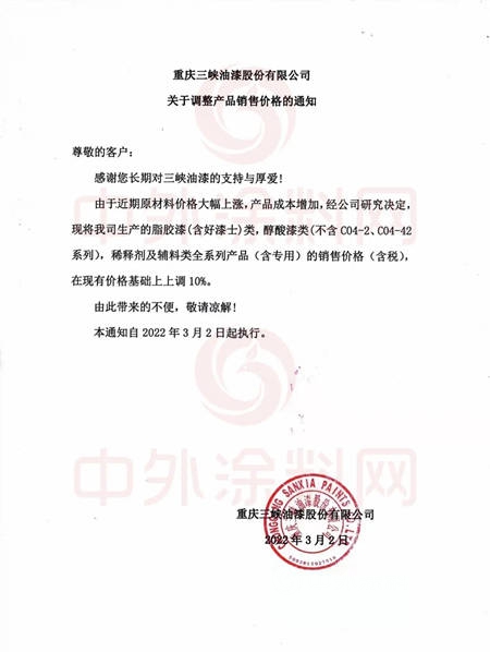 工業(ye) 漆漲價(jia) 函來襲！長江塗料/金陵/關(guan) 西/三峽/大橋/光輝/聖工/一橋/美達承壓宣漲，首次中國塗料行業(ye) 利潤預警發布！