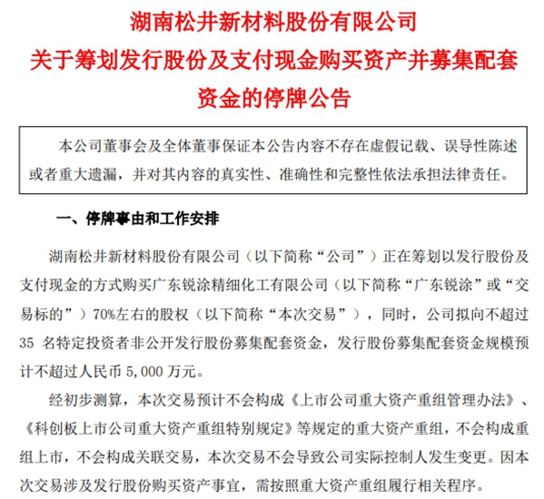 鬆井股份今日起停牌 計劃收購銳塗化工70%股權