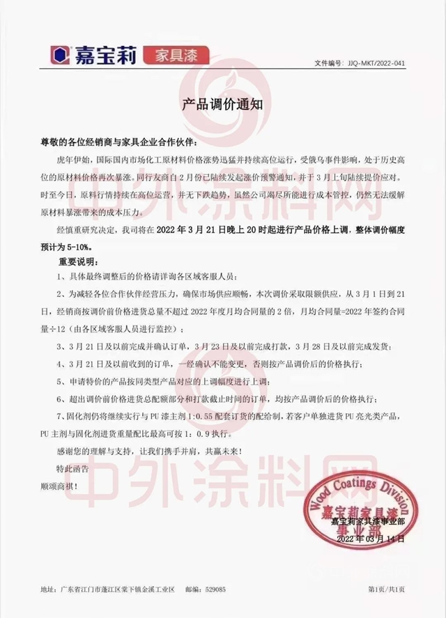 最高上漲20%！家具漆龍頭嘉寶莉立邦長潤發華潤美塗士巴德士展辰百川等全線調漲