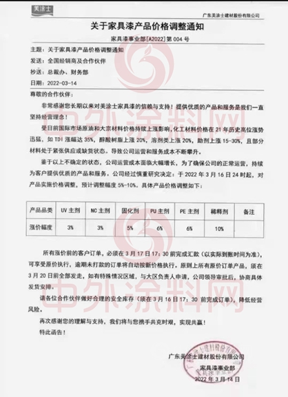家具漆漲價(jia) 函接踵而至！紫荊花/嘉寶莉/美塗士/漆穀/巴德士/展辰/易塗寶/立邦長潤發/百川等限額配額供應、現款提貨