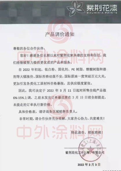 家具漆漲價(jia) 函接踵而至！紫荊花/嘉寶莉/美塗士/漆穀/巴德士/展辰/易塗寶/立邦長潤發/百川等限額配額供應、現款提貨