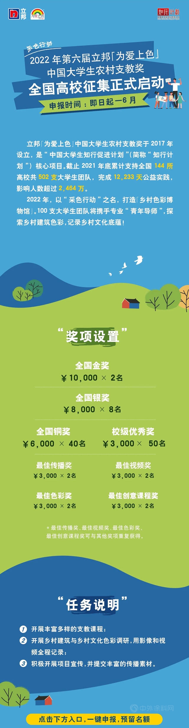 2022立邦「為(wei) 愛上色」中國大學生農(nong) 村支教獎啟動報名