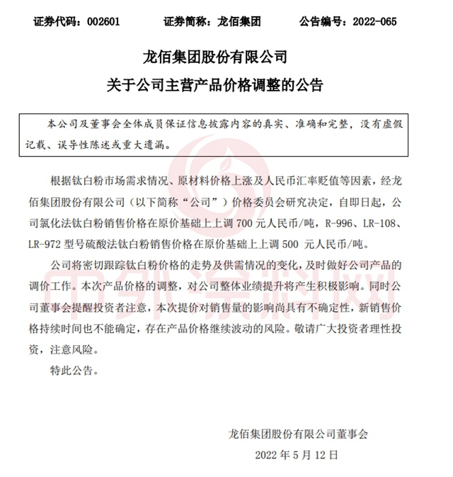 鈦白粉三連漲，年內(nei) 累計調漲2700元/噸