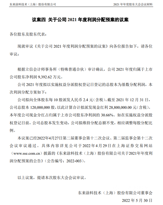 擬派發紅利2880萬(wan) 元！東(dong) 來塗料抓高不放低：推動高端產(chan) 品開發，加速低端產(chan) 品擴張