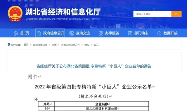 湖北北新入選湖北省專(zhuan) 精特新“小巨人”企業(ye) 名單