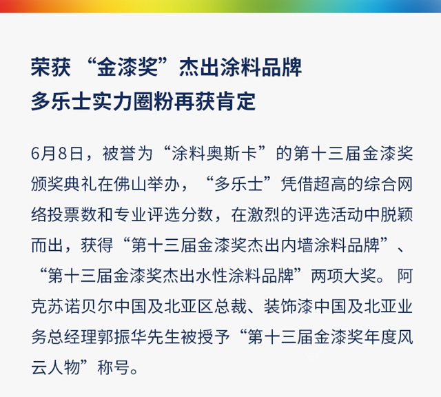榮獲“金漆獎”傑出塗料品牌 多樂(le) 士實力圈粉再獲肯定