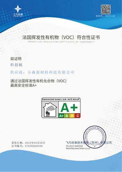 三棵樹小森板獲得法國VOC最高安全標準A+級環保認證