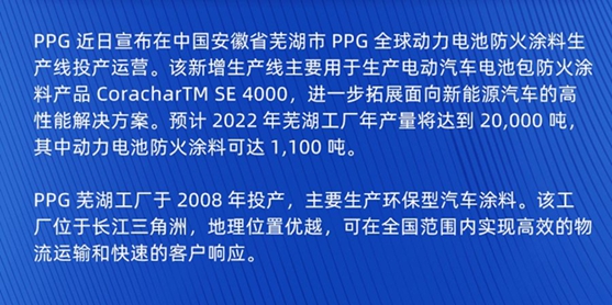 PPG蕪湖工廠全球動力電池防火塗料生產(chan) 線投產(chan) 運營