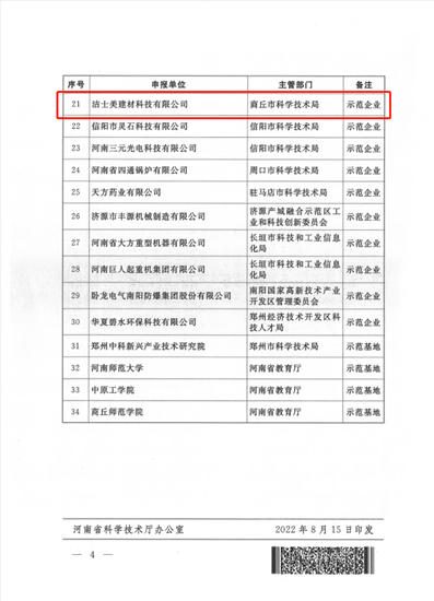 潔士美入選首批河南省綠色技術創新示範企業(ye) 