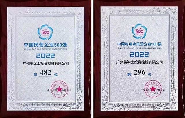 美塗士連續多年榮登中國民營企業(ye) 500強、製造業(ye) 500強雙強榜單！