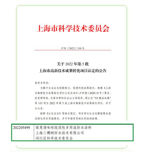 三棵樹防水矽烷改性多用途防水塗料榮獲《2022年第5批上海市高新技術成果轉化項目認定》