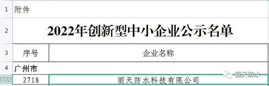 麗(li) 天防水榮獲廣東(dong) 省“2022年創新型中小企業(ye) ”稱號！