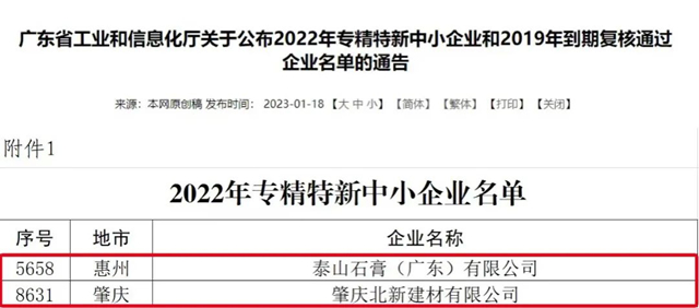 肇慶北新、泰山石膏（廣東(dong) ）有限公司獲評廣東(dong) 省2022年專(zhuan) 精特新中小企業(ye) 