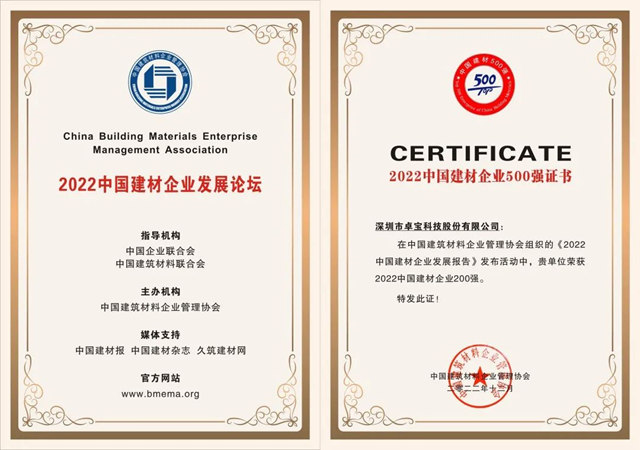雙喜臨(lin) 門！卓寶入圍2022中國建材企業(ye) 500強、2022中國創新建材企業(ye) 100強