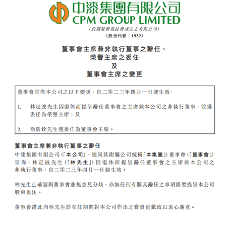 中漆集團新帥上任！林定波退休，徐浩銓接任