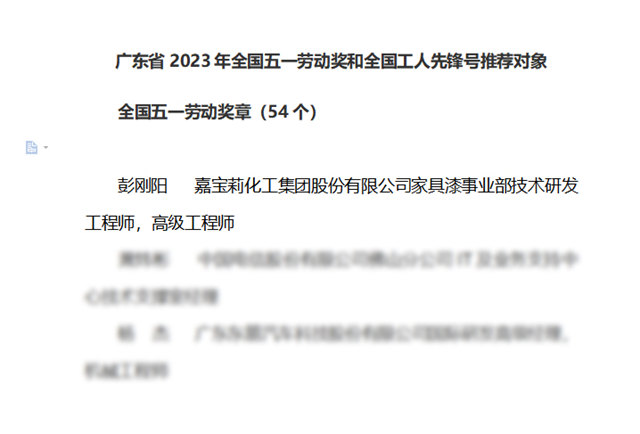 嘉寶莉彭剛陽獲全國五一勞動獎章，獲發明專(zhuan) 利13項